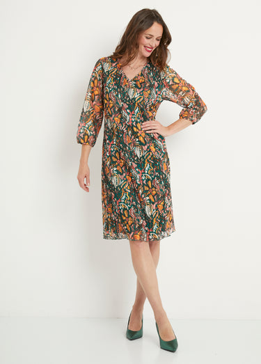 Robe courte dentelle plissée imprimée col V Vert/Jaune