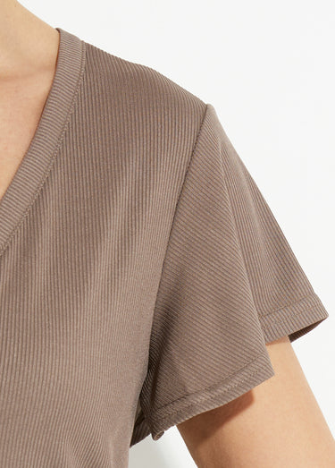 T-shirt col V jersey cotelé, Essentiel Taupe