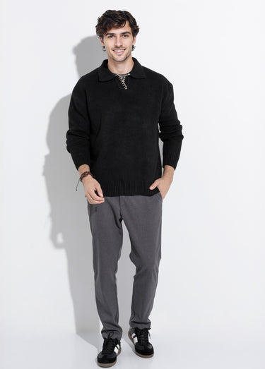Pull avec col polo finition fantaisie Noir