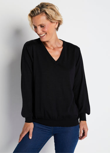 Pull court col V avec laine mérinos Noir