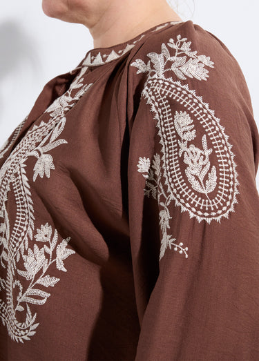 Blouse avec broderies et petit col V Chocolat / Beige