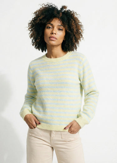 Pull rayé avec laine, dos boutonné Bleu/Jaune