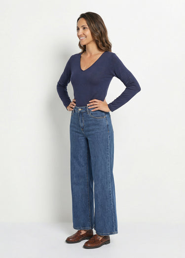 Pull fin avec angora et laine, col V Marine