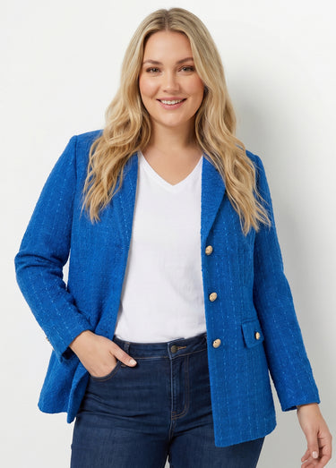 Veste droite boutonnée tissu natté col tailleur Bleu Dur