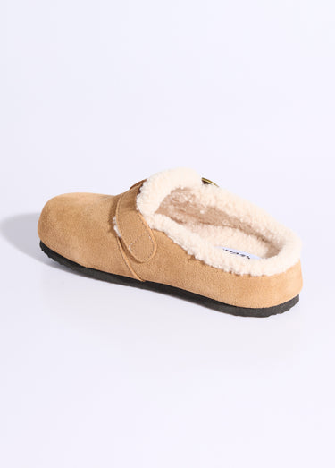Sabots en cuir suédé, intérieur fourrure Camel
