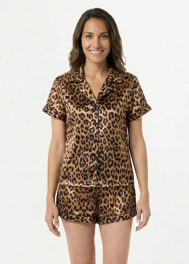 Pyjama short satin sexy motif léopard Leopard