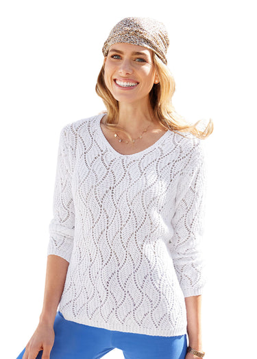 Pull maille fantaisie ajourée col V Blanc