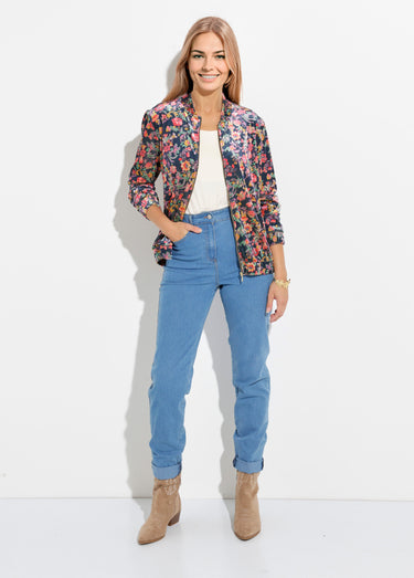 Blouson bombers zippé velours ras fleuri Marine/Rose