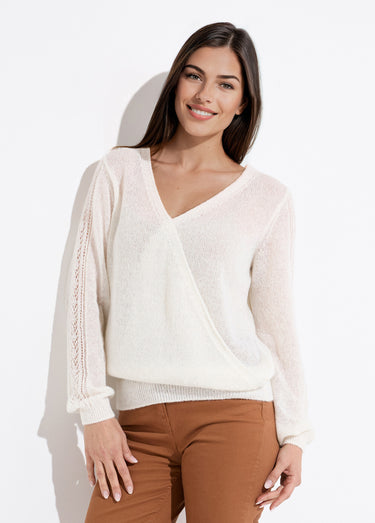 Pull doux cache-coeur avec alpaga et mohair Ecru