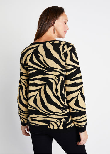 Pull doux jacquard zèbre col rond Beige/Noir