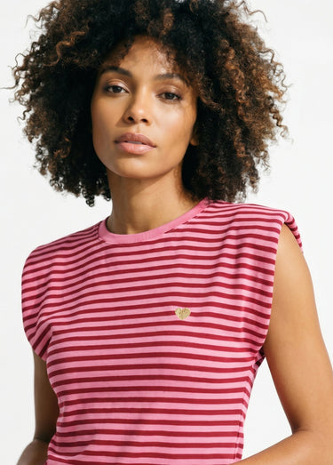 T-shirt maille fantaisie, broderie coeur Rose/Rouge