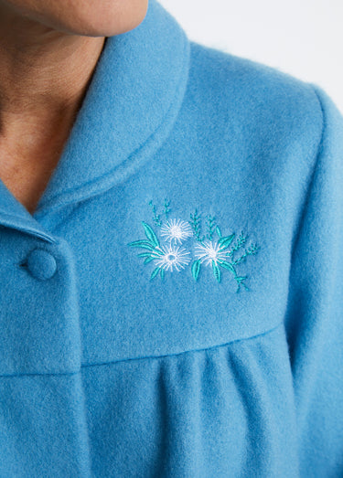 Peignoir boutonné long molleton brodé col châle Bleu Canard
