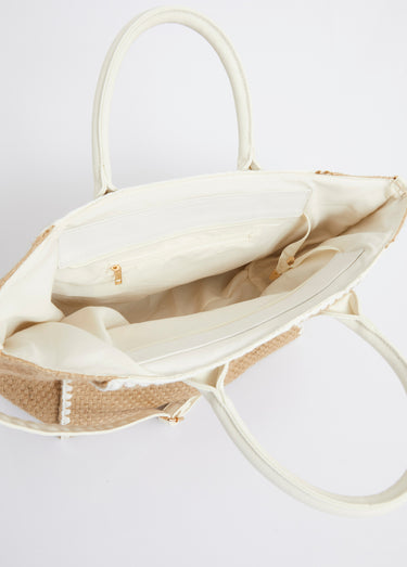 Sac trapèze en jute, poignées coton Blanc