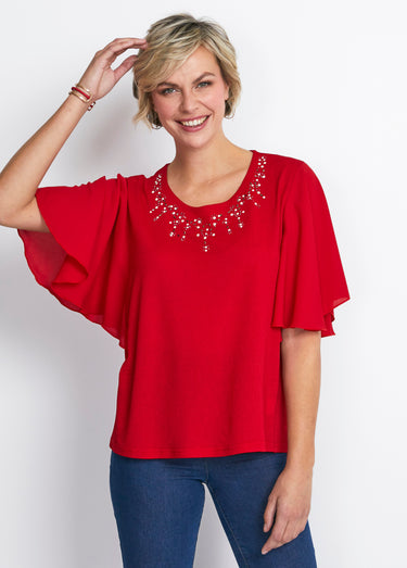 Tee-shirt bi-matière manches 3/4 papillon Rouge