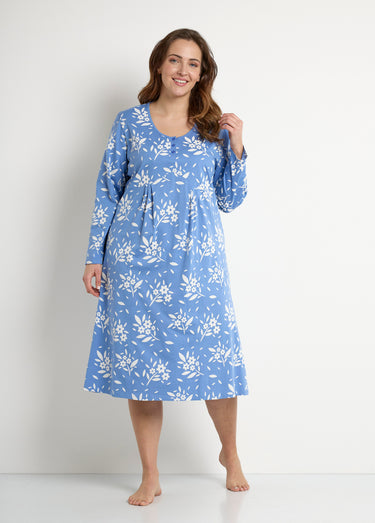 Chemise de nuit boutonnée coton mi longue fleurie Bleu