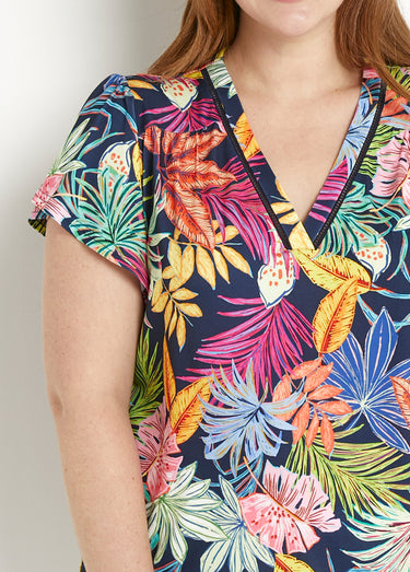 T-shirt ample col V imprimé feuilles manches courtes Marine/Rose