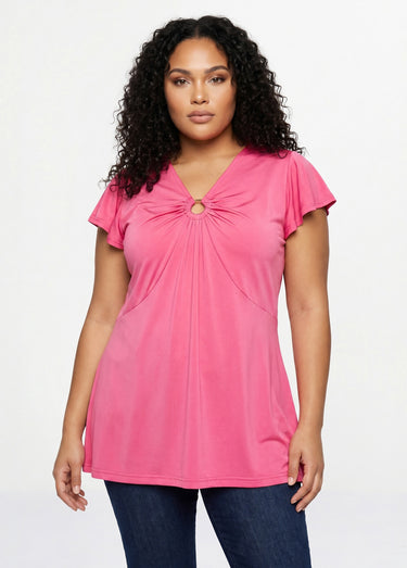 T-shirt long évasé col V drapé Uni Fuchsia