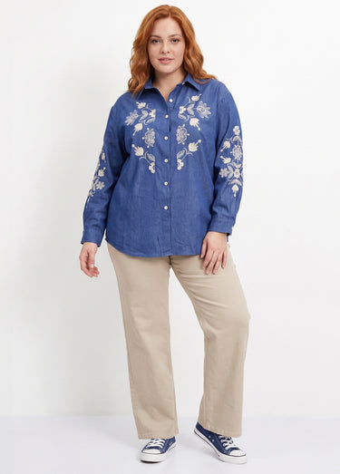 Chemise en jean avec broderies fleurs Bleu Jean