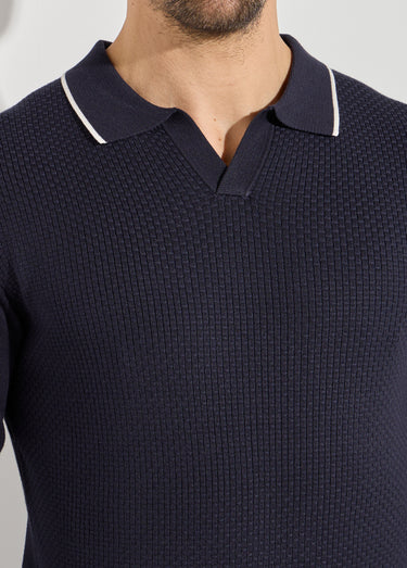 Pull maille texturée fine jauge col polo Marine