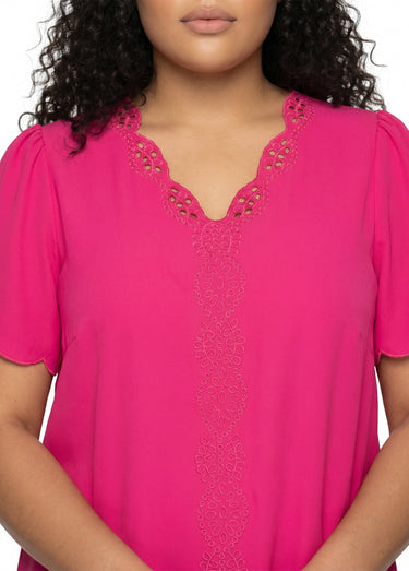 Tunique longue brodée manches courtes unie Fuchsia