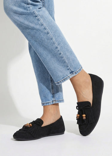 Mocassins plats, avec franges et perles Noir