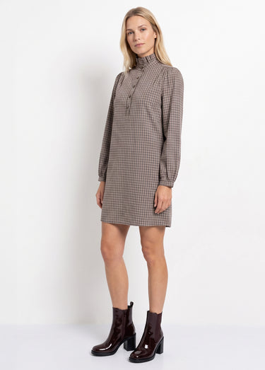 Robe chemisier à carreaux, col plissé Carreaux Marron