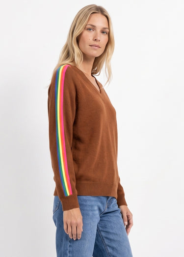 Pull col V manches lignes multicolores Camel