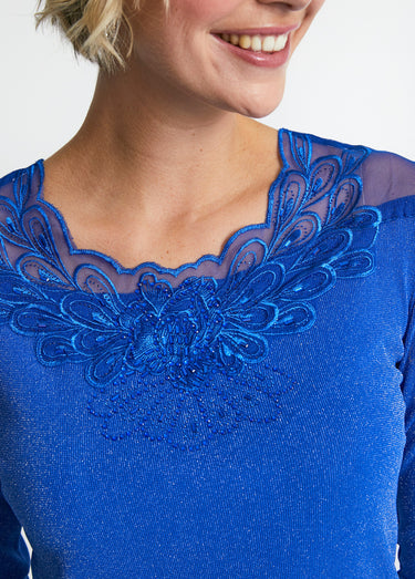 T-shirt manches 3/4 brodé brillant Bleu Cobalt