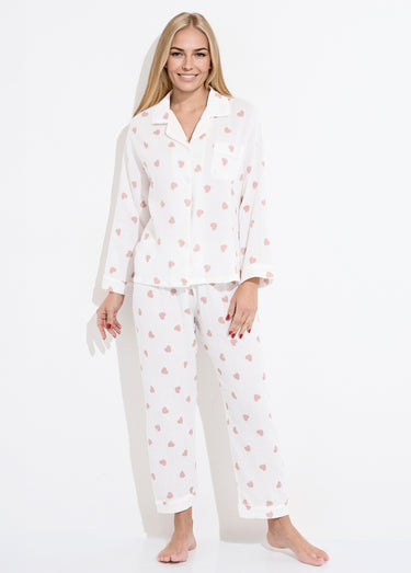 Pyjama long en gaze de coton motif cœurs Blanc