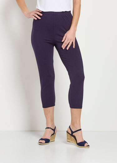 Legging court taille élastiquée coton Uni Prune