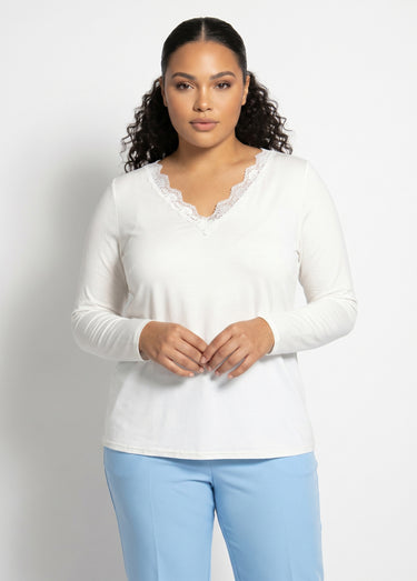 T-shirt court dentelle col V manches longues Ecru