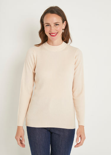 Pull court col montant maille côtelée Beige