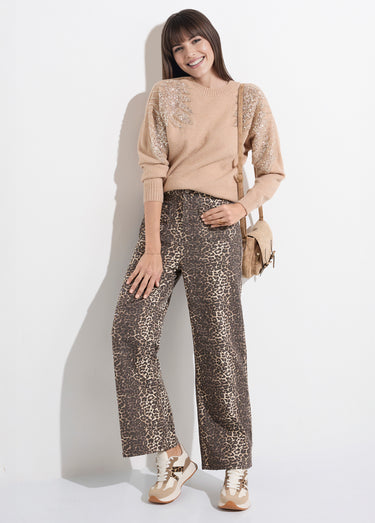 Pull col rond, perles et strass brillants Beige
