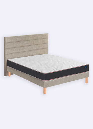 Sommier tapissier 14cm à lattes + pieds hêtre 17cm Chenille Beige