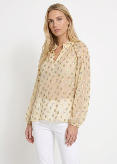 Blouse voile motifs métallisés encolure V Ecru