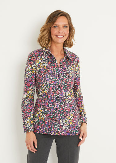 Chemisier boutonné long fleuri maille chaude Noir/Rose