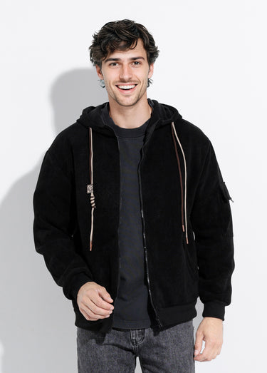 Blouson en velours milleraies à capuche Noir