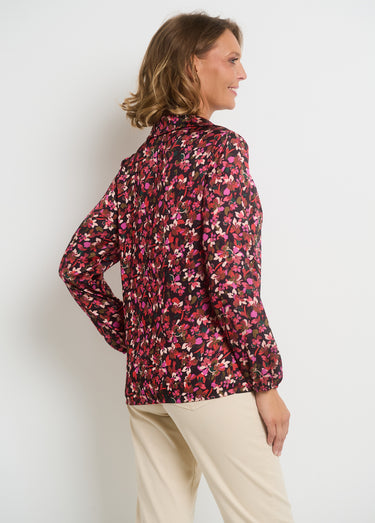 Blouse imprimée col V manches élastiquées Rouge/Noir