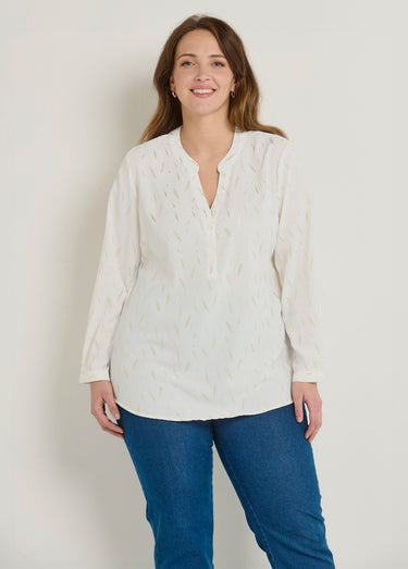 Tunique motifs col V boutonné manches 3/4 Blanc