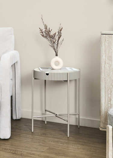 Table ronde effet pierre, avec rangement Blanc/Beige