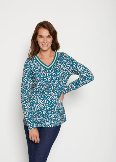 T-shirt long imprimé col V galon irisé Imprime Vert