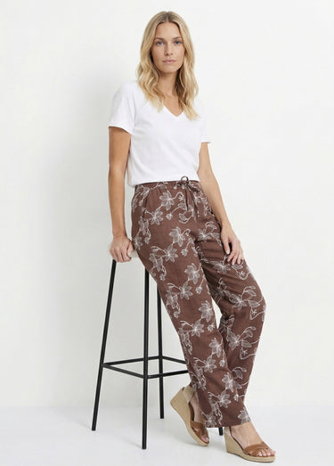 Pantalon large avec sérigraphies fleurs Chocolat