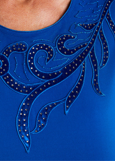 T-shirt court col rond résille brodé strass Bleu
