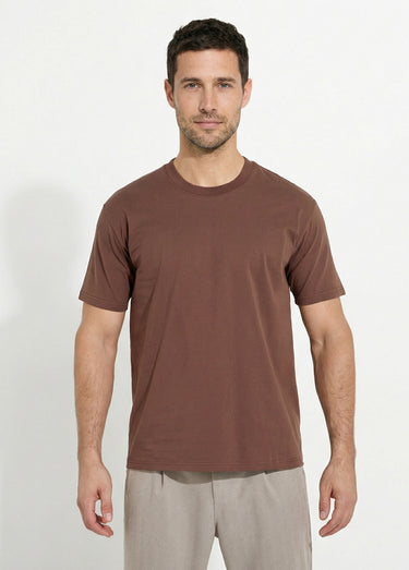 T-shirt pur coton avec col rond, Essentiel Marron