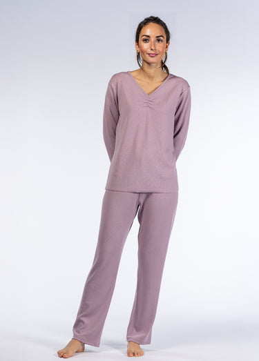 Pyjama long uni col V pointelle Violet