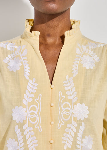 Chemisier brodé boutonné col volanté Jaune/Blanc