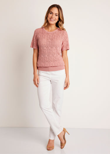 Pull fin ajouré coton manches courtes Rose Poudre