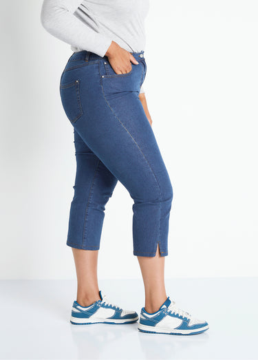 Pantacourt ceinture extensible en jean Bleu
