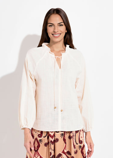 Blouse ample col V fantaisie lien à nouer Beige