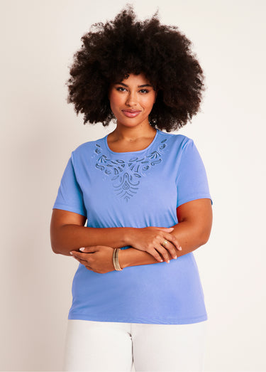 T-shirt court brodé manches courtes Bleu